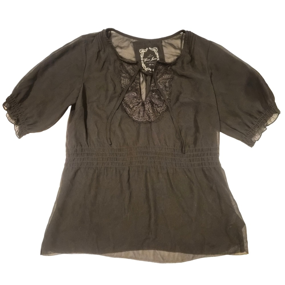 Guess Jeans Los Angeles Black Sheer Lace Trim Smocked Waist Blouse Small